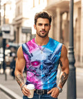 Men's 3D Skull Sleeveless Muscle Tank Top Making Your Workout Look Fresh With Super Soft Moisture Wicking Fabric Quick Dry Technology Hella Breathable For Summer Beach Vibes Or Heavy Lifting Sessions Daily, worn by man outdoors with coffee.