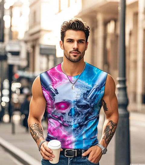 Men's 3D Skull Sleeveless Muscle Tank Top Making Your Workout Look Fresh With Super Soft Moisture Wicking Fabric Quick Dry Technology Hella Breathable For Summer Beach Vibes Or Heavy Lifting Sessions Daily, worn by man outdoors with coffee.