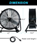 Diagram showing dimensions of 24 Inch Industrial Floor Fan High Velocity Drum Fan Delivers 8900 CFM With Three Speeds Portable Beastly Heavy Duty Air Cooling For Warehouse, Workshop, Factory, Commercial, Residential And Greenhouse Black, including fan diameter and power cord length.