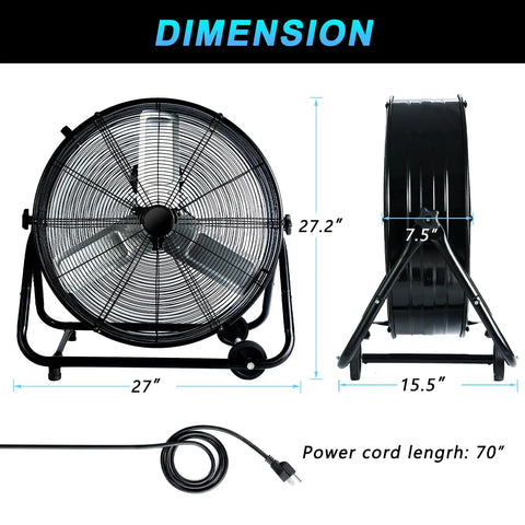 Diagram showing dimensions of 24 Inch Industrial Floor Fan High Velocity Drum Fan Delivers 8900 CFM With Three Speeds Portable Beastly Heavy Duty Air Cooling For Warehouse, Workshop, Factory, Commercial, Residential And Greenhouse Black, including fan diameter and power cord length.