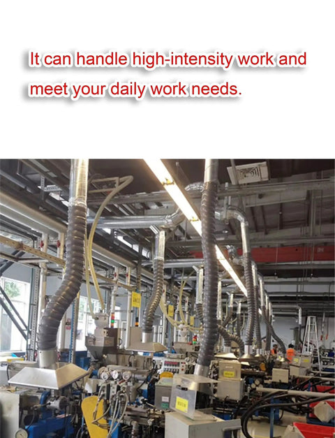 Heavy Duty Flexible Fume Extraction Hose For Welding Smoke And Industrial Dust Removal Solder Vent Tube installed in a workshop.