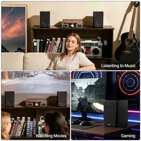 Scenes showcasing R990BT 2.0 Active Bluetooth Multimedia Speakers for listening, movie watching, and gaming.