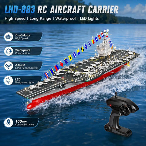 RC Aircraft Carrier Warship Toy With 2.4GHz Dual Motor Power on lake, waterproof hull, LED lights, includes remote control LHD 883