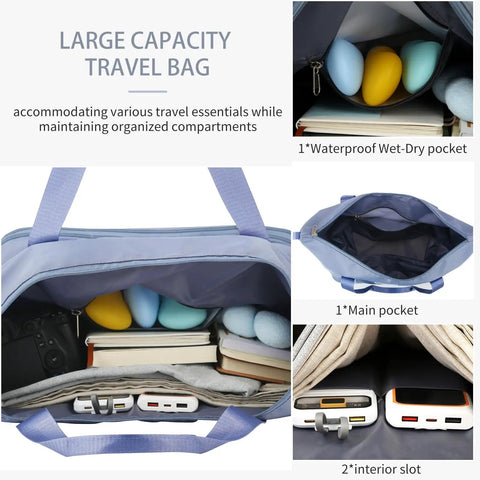 Expandable Rolling Duffle Bag With Wheels For Travel Under Seat Carry-On Duffel 18L To 44L Capacity Waterproof Oxford Exterior Durable Zippers Quiet Smooth Wheels Weekend-Ready Getaways Blue with open pockets showing organized travel essentials.