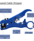 Blue coaxial cable stripper tool with rotating feature for various cable sizes and trimming function