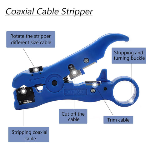Blue coaxial cable stripper tool with rotating feature for various cable sizes and trimming function
