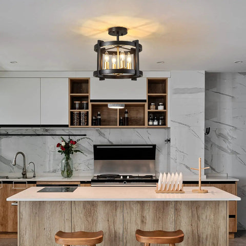 4 Light Dope Semi Flush Mount Ceiling Light Fixture in Black and Gold farmhouse style in modern kitchen setting