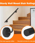 Top Shelf 7 Foot Industrial Pipe Stair Handrail In Classic Matte Black Finish with wall mount, showing round iron tube and sturdy grip.