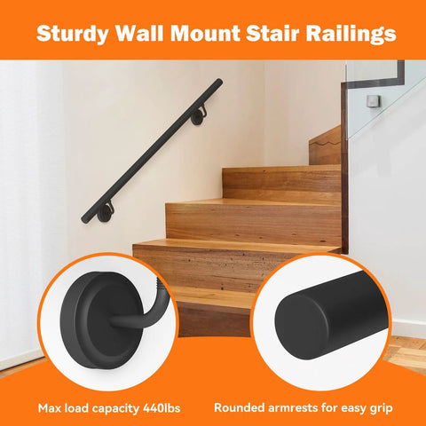 Top Shelf 7 Foot Industrial Pipe Stair Handrail In Classic Matte Black Finish with wall mount, showing round iron tube and sturdy grip.