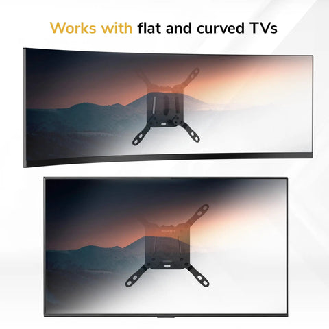 Top Shelf Universal TV Mount Hardware Kit Loaded With Premium Vesa Screws Security Washers And Precision Spacers For A Bulletproof Wall Setup On 19 To 85 Inch Flat Screens, showcasing a mount on flat and curved TVs.