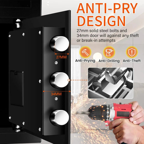 Anti-pry design of Heavy Duty Depository Drop Safe With Quick Deposit Slot Digital Keypad And Spare Key Perfect For Biz Cash Drops Retail Mailroom Church Or Home Keeps Cash And Documents Secure And Easy To Store, showing 27mm solid steel bolts and 34mm door for break-in protection.