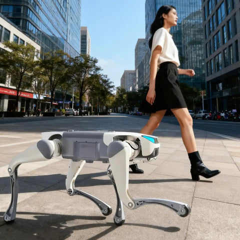 Lite 3 Basic AI Quadruped Robot Platform For Robotics Developers And Researchers Featuring Dope Mobility And AI Driven Motion Control For Algorithm Testing And Real World Robotic Application Development, white quadruped robot walking outdoors