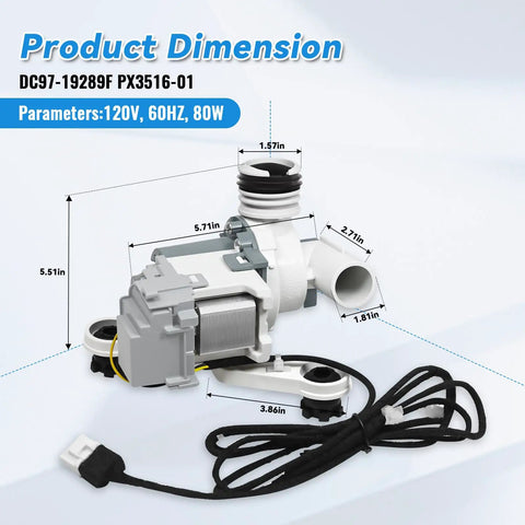 Premium Washer Drain Pump Assembly Replaces DC97 19289F PX3516 01 showing product dimensions and design features.