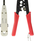 Pro Grade 4 Piece Network Tool Set with Rj45 8P8c Crimper Diagonal Pliers Lsa Punch Down Tool and Cable Tester showing crimper and punch-down tool.