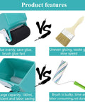 Product features image comparing Heavy Duty Wood Glue Roller Applicator Featuring Smart Flow Control Dial and traditional brushes.