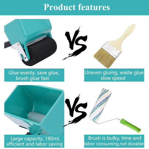 Product features image comparing Heavy Duty Wood Glue Roller Applicator Featuring Smart Flow Control Dial and traditional brushes.