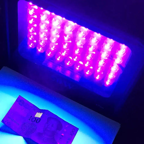 Lit 50W UV LED Flood Light Blacklight for Curing Glue, Aquarium Glow, Fishing, Night Parties, and Art Projects 395nm-400nm 110V US Plug shines on currency