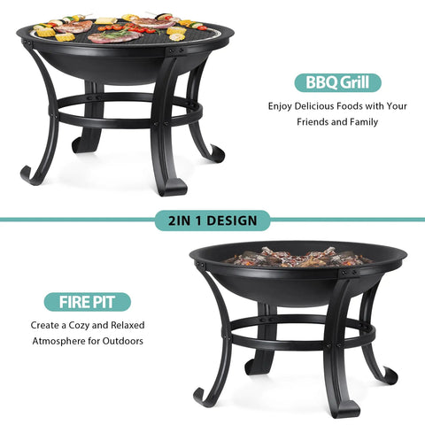22 Inch Portable Fire Pit For Outdoor Wood Burning Steel Construction With Lightweight Grill Fire Pit Bowl Log Grate And Poker