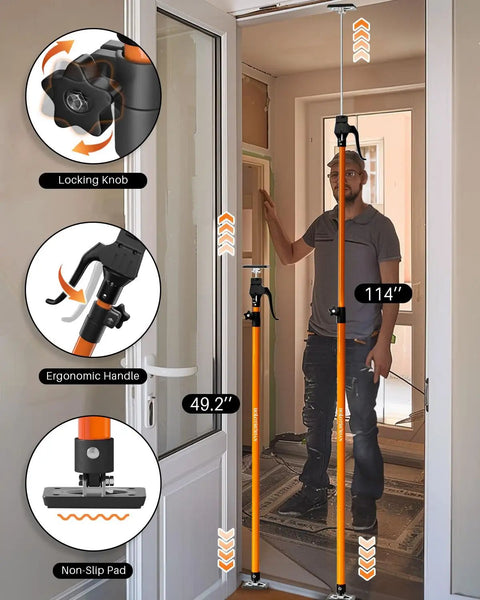 Get The Crew With This Adjustable Cabinet Jack Support Pole, 49.2 to 114 inches, ergonomic handle, non-slip pad, drywall installation.