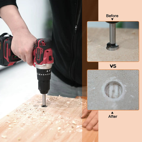 User demonstrates 16 Piece Forstner Bit Set Heavy Duty Woodworking Drill Bits for clean hole drilling in wood.