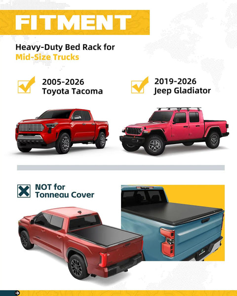Ladder Rack With Side Bars For Trucks 800 Lb Capacity Fits Toyota Tacoma And Jeep Gladiator Heavy Duty Roof Mount Adjustable Height And Length Ideal For Tools And Gear, for 2005-2026 Tacoma and 2019-2026 Gladiator