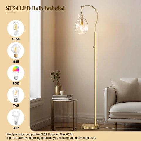 Gold Modern Floor Lamp With Globe Glass Shade, 68 Inch Tall Mid Century Standing Lamp For Living Room And Bedroom, Antique Brass Finish