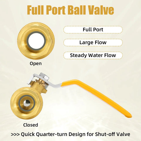 2 Inch Full Port Brass Ball Valve With Female NPT Threads, Heavy Duty Plumbing Fitting, open and closed positions, yellow handle