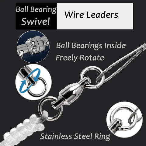 Beefed Up Stainless Steel Fishing Leader Wire Set For Saltwater Rigs 20 Pack Nickel White Size 3 50Lb 15.8In Durable Lure Tackle For Freshwater And Saltwater ball bearing swivel detail