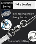 Stainless Steel Fishing Leader Wire for Saltwater and Freshwater Rigs and Lures Size 2 50 Pound Strength 11.8 Inch Length White Nickel Finish 20 Pieces Durable Snap Leader Wire, ball bearing swivel detail