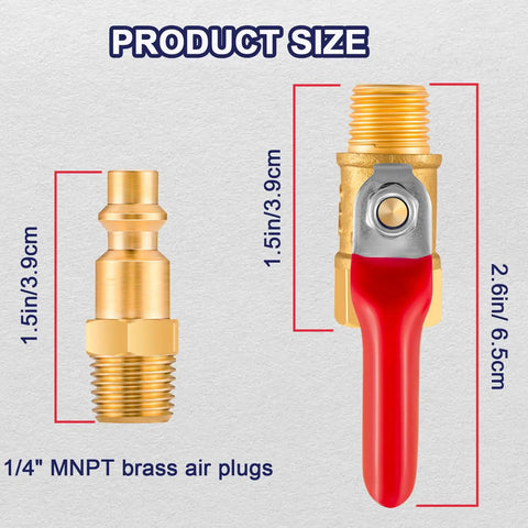 Product size dimensions of 2-Pack Quarter Inch NPT Brass Ball Valve Kit With Shut Off Valve, Heavy-Duty Air Coupler And Plug