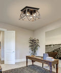 Vintage Farmhouse Flush Mount Ceiling Light Fixture, 4 Light Rustic Industrial Square Cage Lamp in Oak White Finish in study