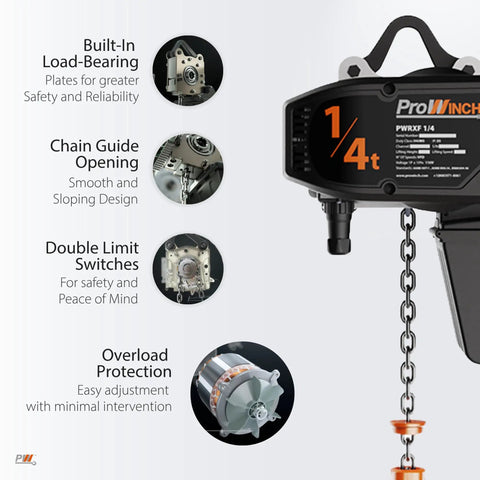 Rock Solid 1000 Lb Electric Chain Hoist Variable Speed Three Phase Motor features built-in load-bearing plates and double limit switches.