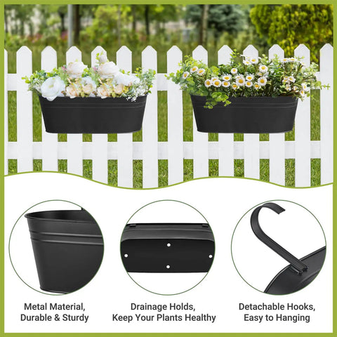 Three Piece Metal Hanging Flower Pots For Railing And Fence Outdoor Planter 15.7 Inch Hanging Bucket Pots With Detachable Hooks