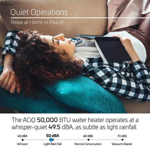 Quiet operation of the ACiQ 50,000 BTU water heater, highlighting its whisper-quiet performance at 49.5 dBA.