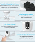 Features of Portable 18 Inch Outdoor Ceiling Fan With Light And 15600mAh Battery, including protective cover, detachable blades, LED display.