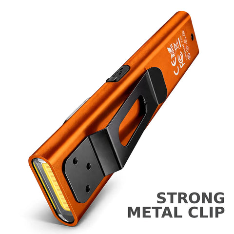 Ultra Thin Rechargeable Flashlight 700 Lumen Slim Magnetic Work Light With COB Side Light UV Light USB C Pocket EDC, orange with clip