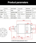 Specifications diagram of High Torque 12V 775 DC Motor With Double Ball Bearings And Built In Cooling Fan 10000 To 20000 RPM CW CCW Control