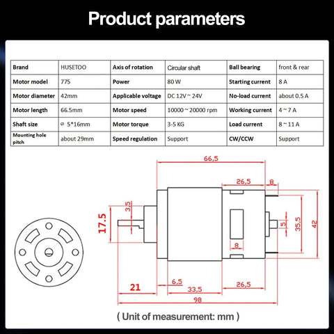 Specifications diagram of High Torque 12V 775 DC Motor With Double Ball Bearings And Built In Cooling Fan 10000 To 20000 RPM CW CCW Control