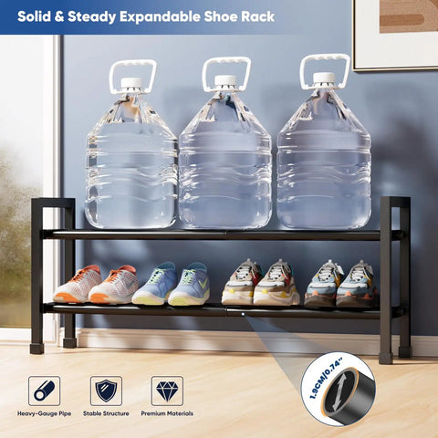 Two Tier Expandable Shoe Rack That Grows From 17 To 33 Inches, Heavy Duty Metal Shoes Organizer holding water bottles and shoes