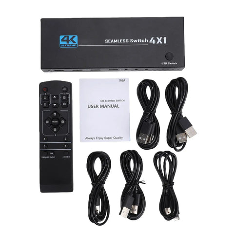 Boss Level 8K 60Hz KVM Switch For PC Laptop And Gaming Console Monitor 4 Port USB HDMI With VRR ALLM QFT Plug And Play CEC Function with remote and cables