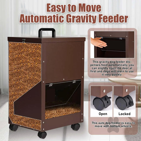 Real Deal Automatic Gravity Dog Feeder With Smooth Rolling Wheels For Large Breed Puppers, Self Refilling Bulk Kibble Dispenser shown with food reservoir.