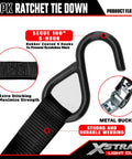 Close-up of ratchet tie down strap with coated S-hook, showcasing secure 180° S-hook and metal buckle, Eight Pack 1 Inch Wide By 10 Foot Ratchet Tie Down Straps Heavy Duty With 900 Pound Break Strength And 300 Pound Working Load Limit Each Easy Release Coated Handles And S Hooks Ideal For Moving Appliances Lawn Equipment And Motorcycles