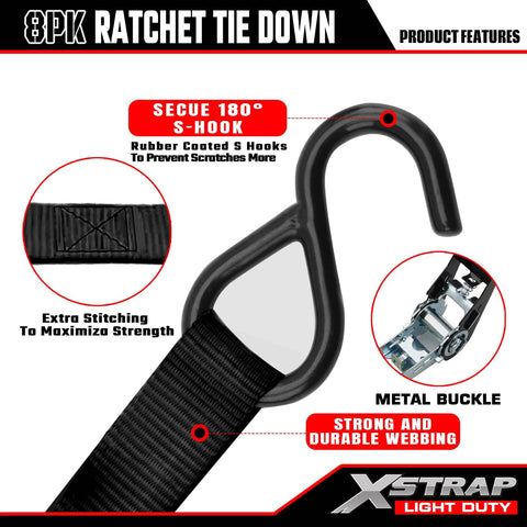 Close-up of ratchet tie down strap with coated S-hook, showcasing secure 180° S-hook and metal buckle, Eight Pack 1 Inch Wide By 10 Foot Ratchet Tie Down Straps Heavy Duty With 900 Pound Break Strength And 300 Pound Working Load Limit Each Easy Release Coated Handles And S Hooks Ideal For Moving Appliances Lawn Equipment And Motorcycles