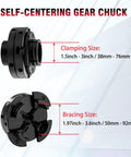 No Sweat Four Jaw Wood Lathe Chuck Set With One By Eight Tpi Thread For Self Centering Woodturning showing clamping and bracing sizes.