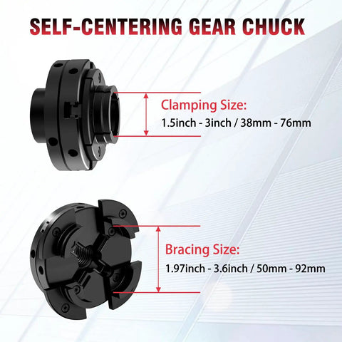 No Sweat Four Jaw Wood Lathe Chuck Set With One By Eight Tpi Thread For Self Centering Woodturning showing clamping and bracing sizes.