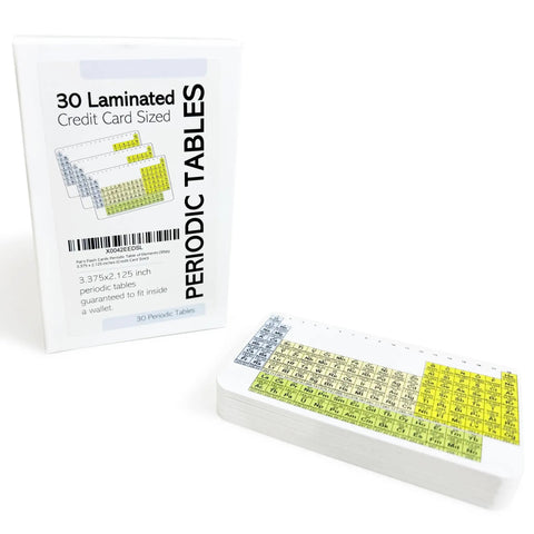 Periodic Table Flash Cards Set of 30 Cards, Credit Card Size Laminated White Elements Reference Cards, shown in box and stack