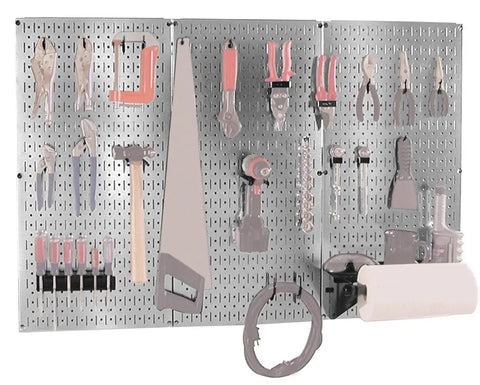 4-Foot Metal Pegboard Tool Organizer Kit with galvanized toolboard and black accessories, tools neatly arranged in a garage setting.
