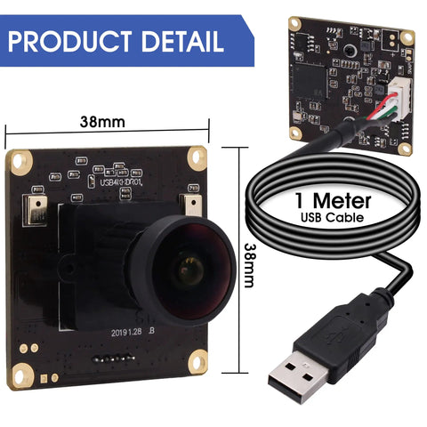 4K USB Camera With 170 Degree Fisheye Lens And Built In Microphone, 38mm module with USB cable, Ultra HD 3840x2160 at 30FPS