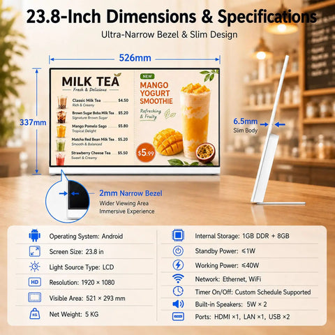 Sleek Digital Menu Board Delivers Eye Catching Multicolor Graphics With Low Power Draw Well Under Forty Watts, 23.8-inch LCD display.