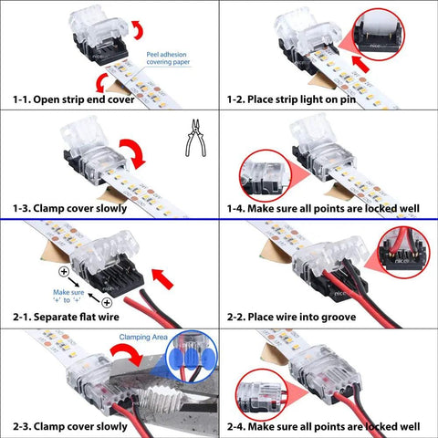 Step-by-step guide of High Density LED Strip Connector Kit For 12mm 2 Pin SMD And COB Light Strips assembly process.